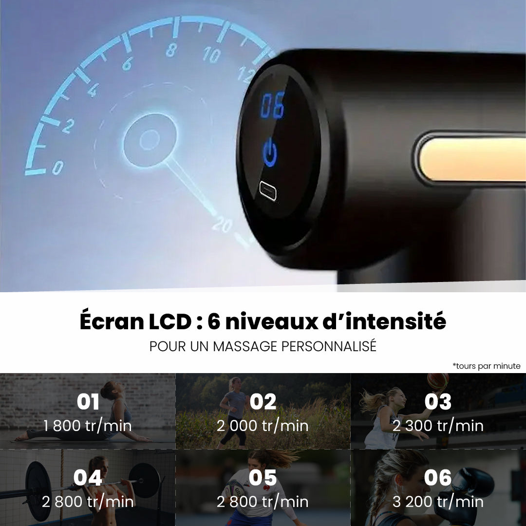 Pistolet de massage musculaire | Écran LCD | 4 têtes | 6 niveaux