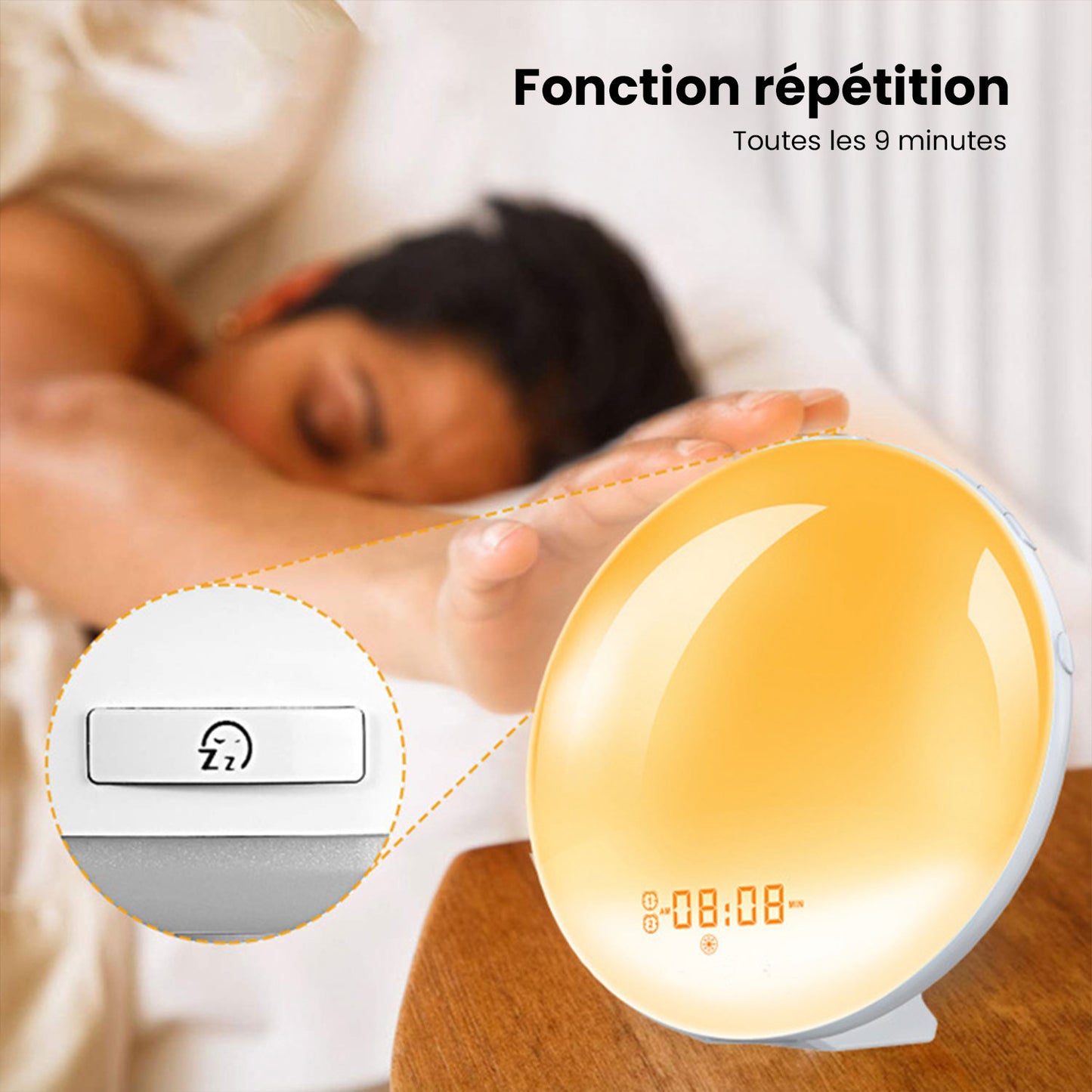 Réveil lumineux simulateur de lever & coucher de soleil | Radio FM | Veilleuse 7 couleurs | Sons naturels
