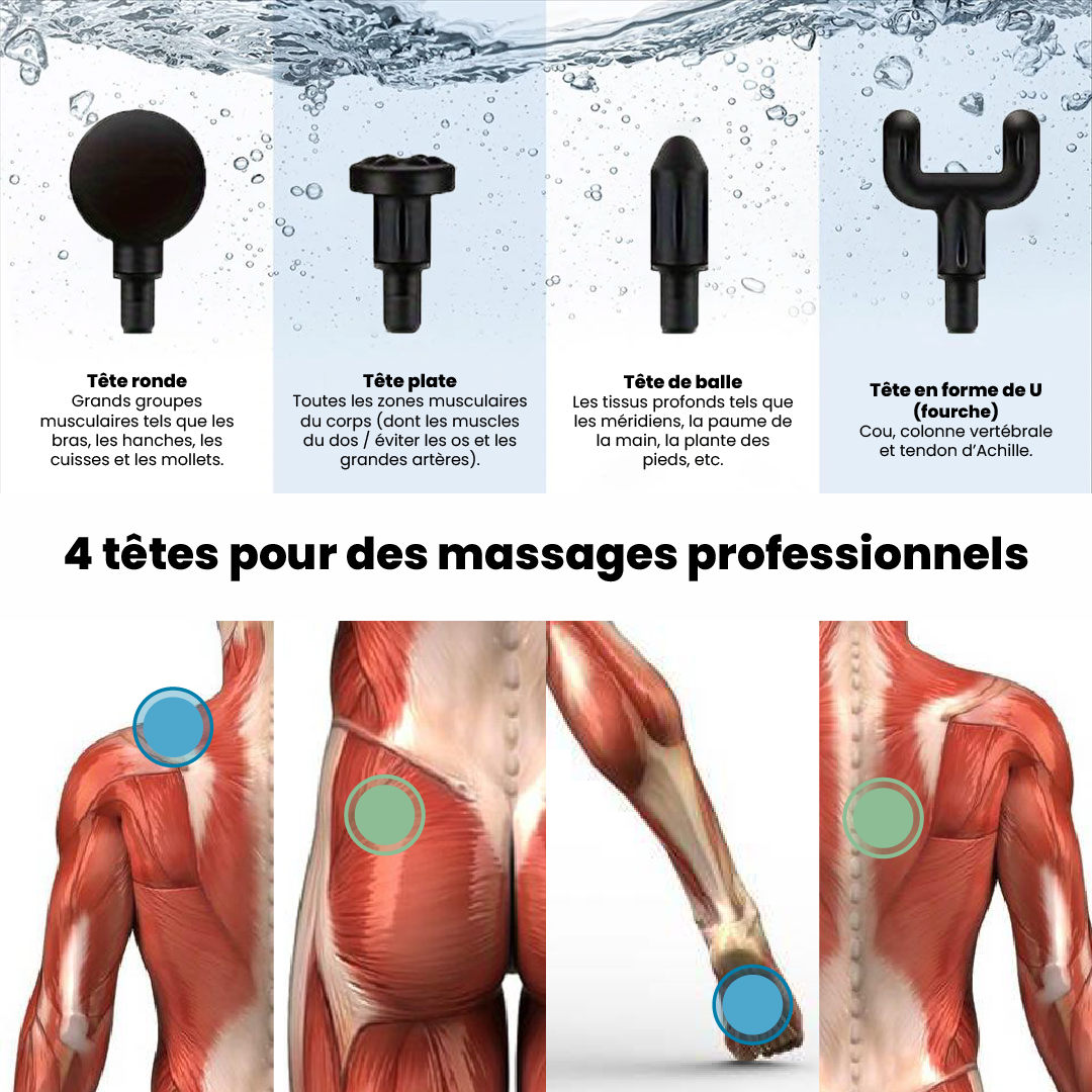 Pistolet de massage musculaire | Écran LCD | 4 têtes | 6 niveaux